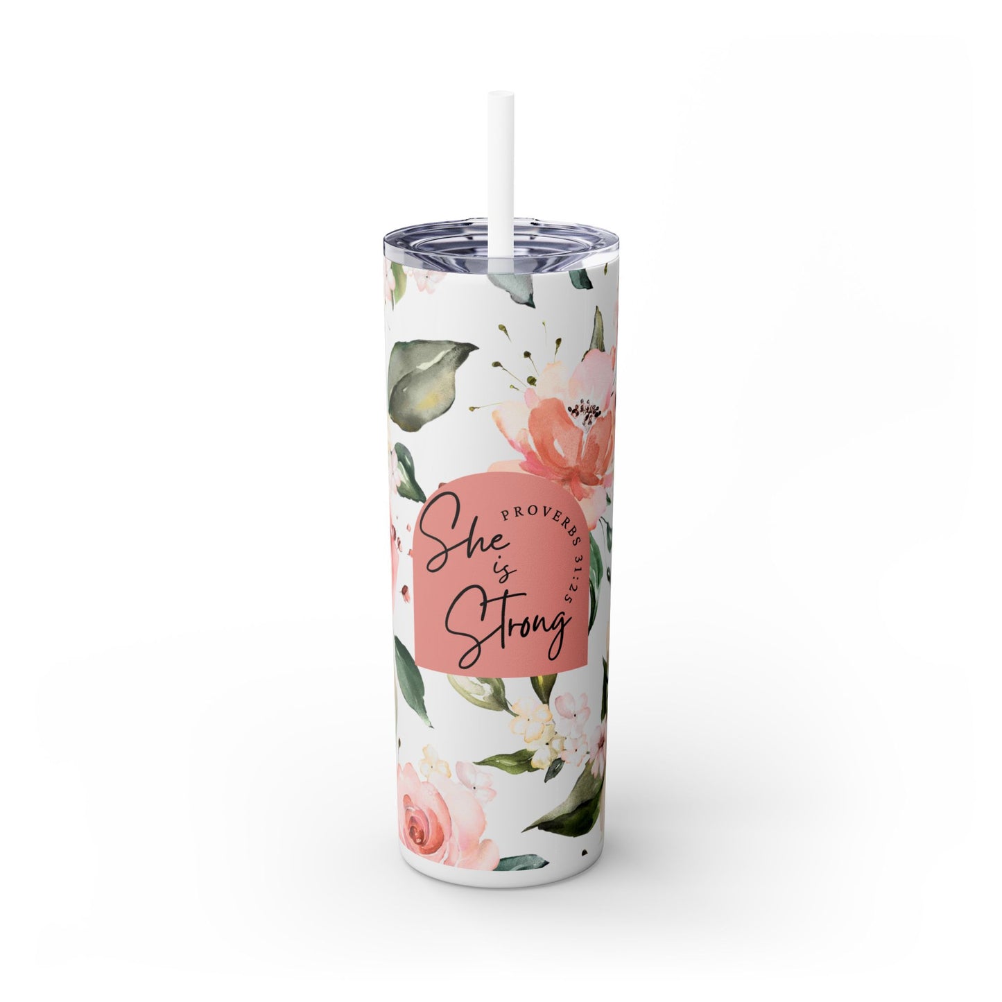 Pink Floral Pattern, Faith, Positive Inspirational -Tumbler with Straw, 20oz