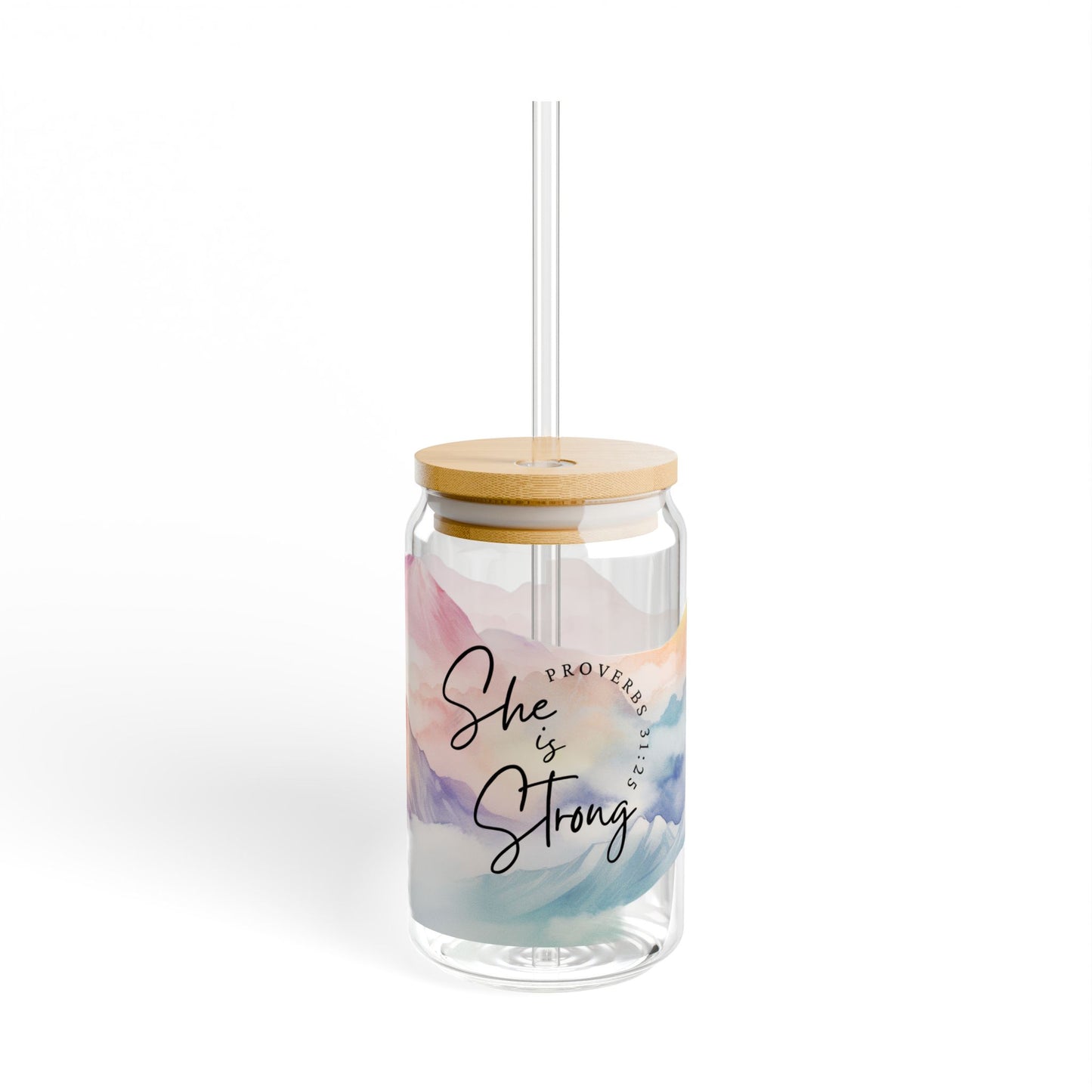 Sage Green Christian Bible Verse Design, She is Strong - Glass, 16oz