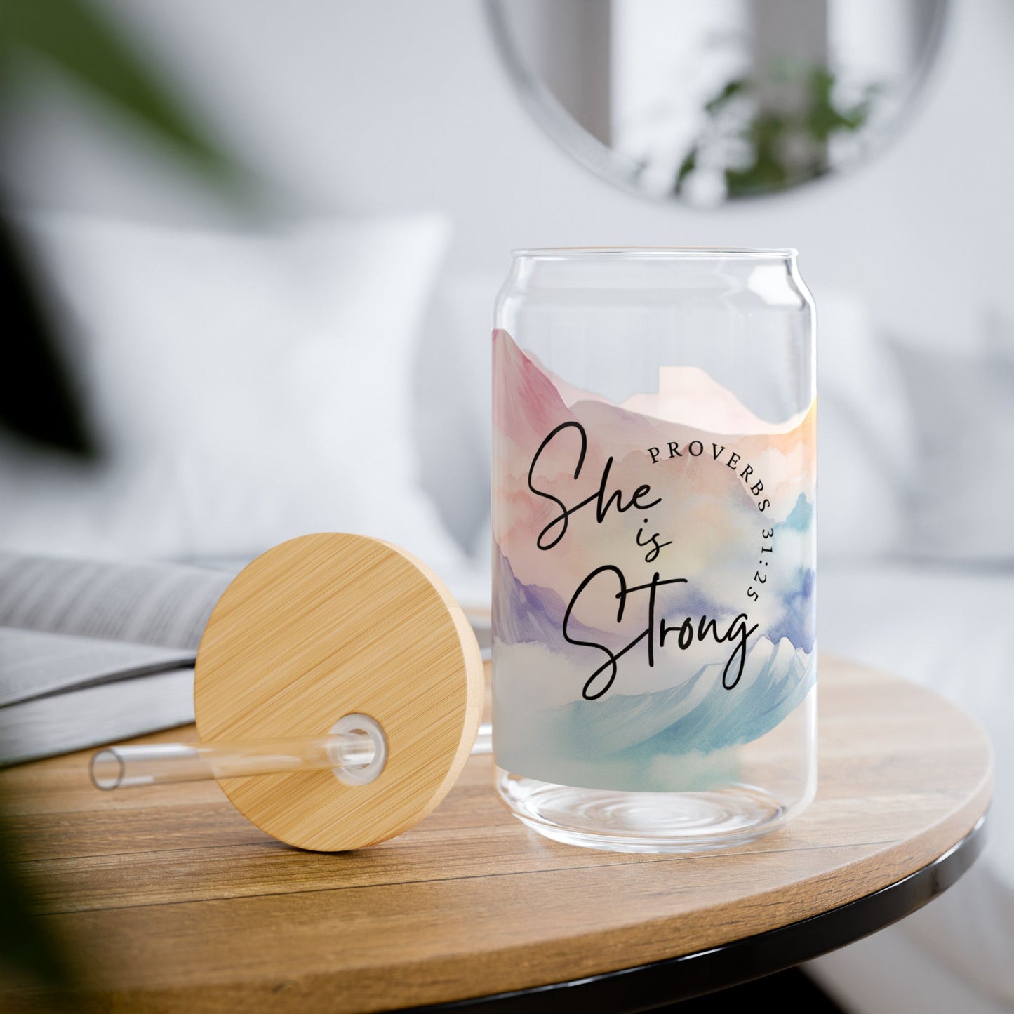 Sage Green Christian Bible Verse Design, She is Strong - Glass, 16oz