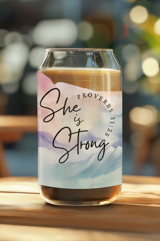 Sage Green Christian Bible Verse Design, She is Strong - Glass, 16oz