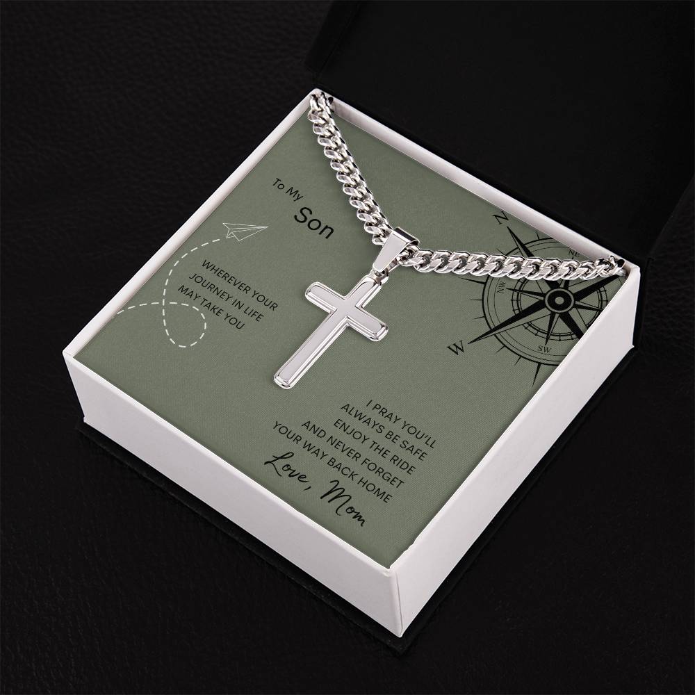 Personalized Steel Cross Necklace on Cuban Chain/ To My Son/ From Mom