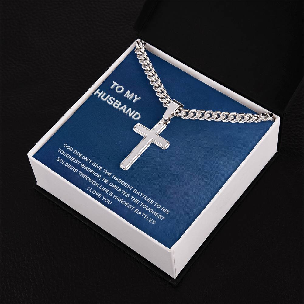 Personalized Steel Cross Necklace on Cuban Chain/ To My Husband/ I Love You Message Card