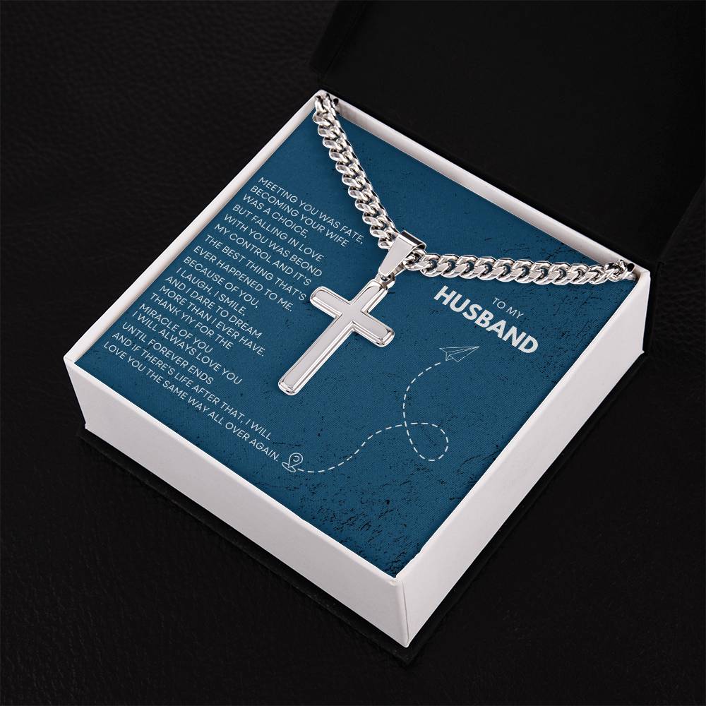 Personalized Steel Cross Necklace on Cuban Chain w/ MC/ To My Husband/ Anniversary Gifts