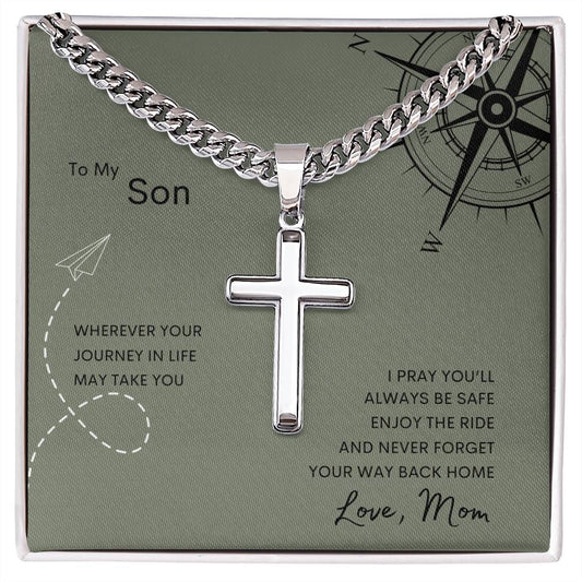 Personalized Steel Cross Necklace on Cuban Chain/ To My Son/ From Mom