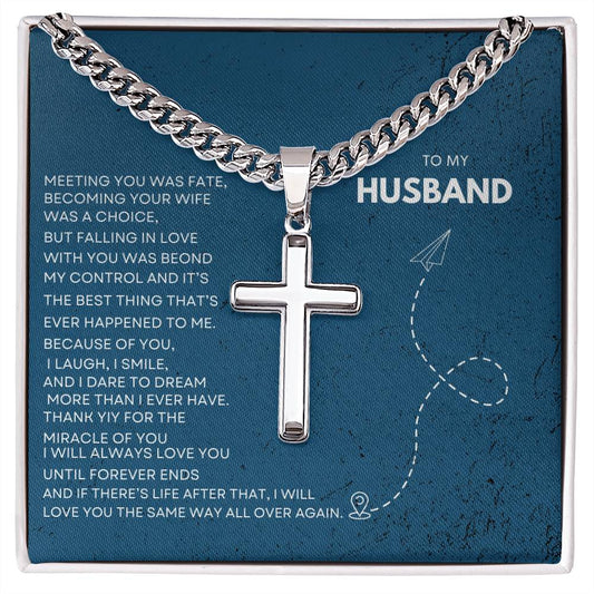 Personalized Steel Cross Necklace on Cuban Chain w/ MC/ To My Husband/ Anniversary Gifts