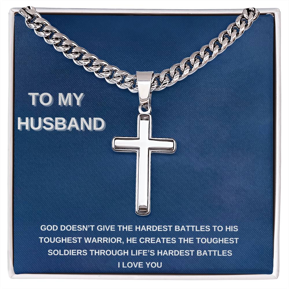 Personalized Steel Cross Necklace on Cuban Chain/ To My Husband/ I Love You Message Card