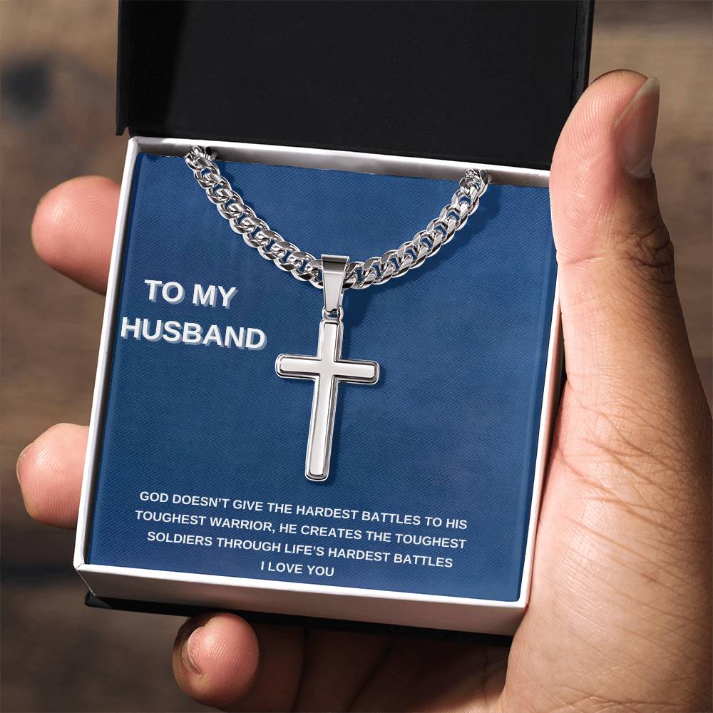 Personalized Steel Cross Necklace on Cuban Chain/ To My Husband/ I Love You Message Card