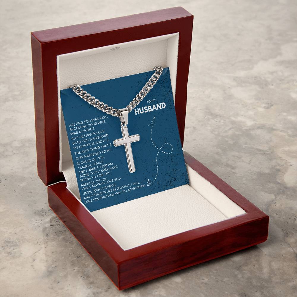 Personalized Steel Cross Necklace on Cuban Chain w/ MC/ To My Husband/ Anniversary Gifts