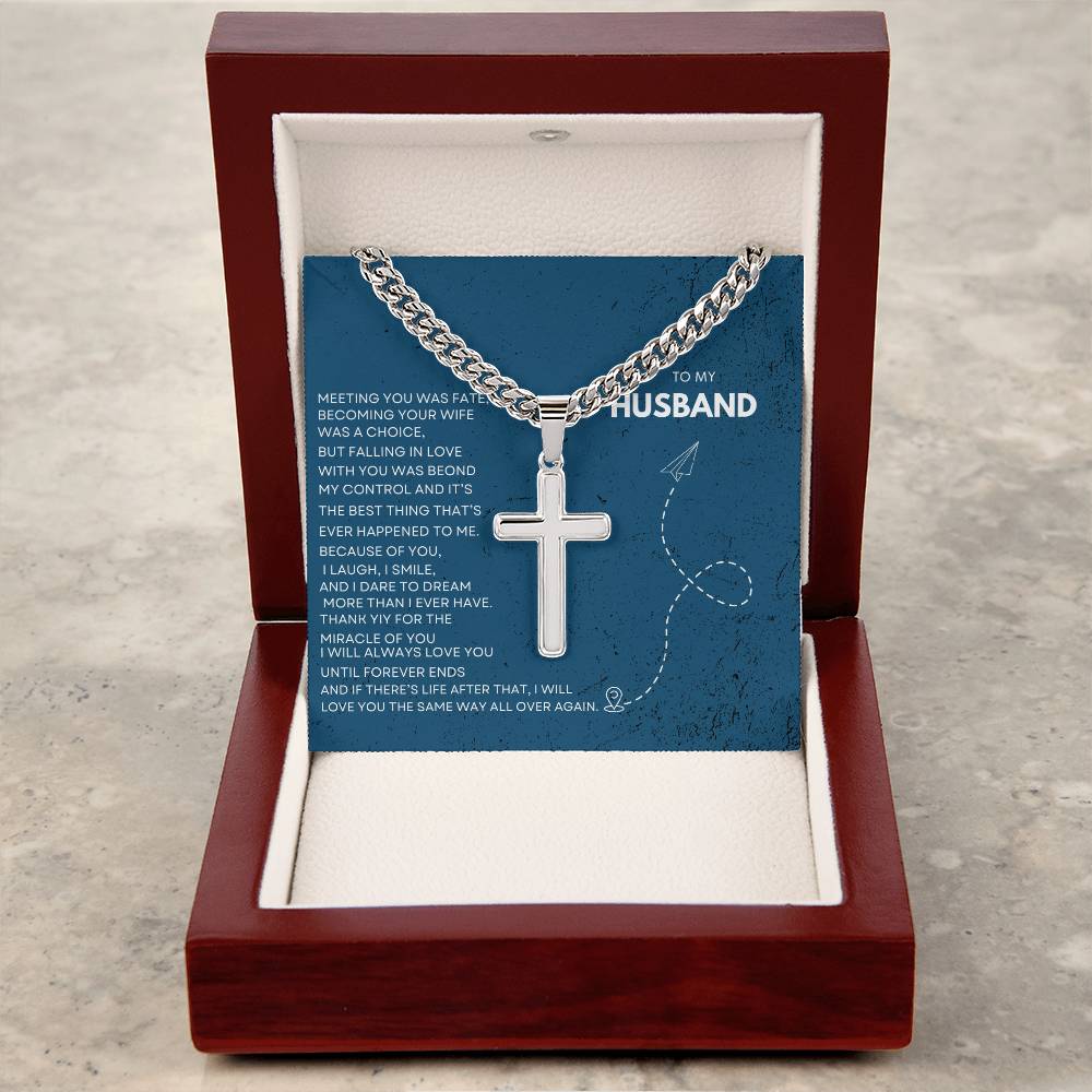 Personalized Steel Cross Necklace on Cuban Chain w/ MC/ To My Husband/ Anniversary Gifts