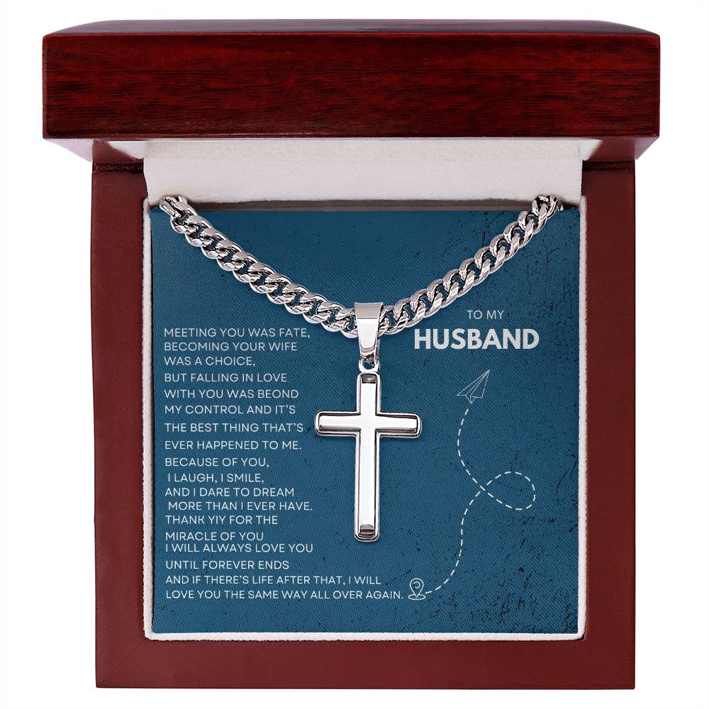 Personalized Steel Cross Necklace on Cuban Chain w/ MC/ To My Husband/ Anniversary Gifts