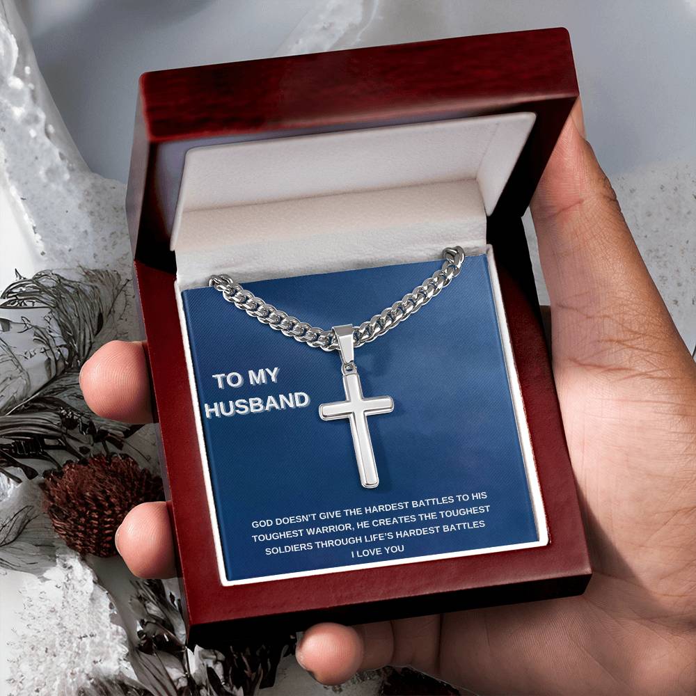 Personalized Steel Cross Necklace on Cuban Chain/ To My Husband/ I Love You Message Card